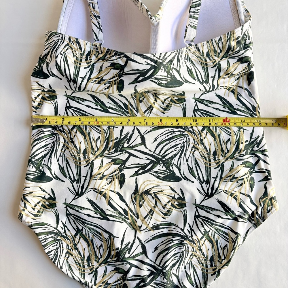 Niptuck Swimsuit One Piece Green Gold Tropical Leaf Padded Ruched Lined Size 10 - Picture 13 of 16